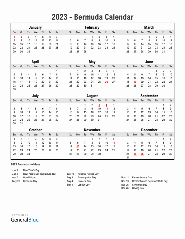 Year 2023 Simple Calendar With Holidays in Bermuda