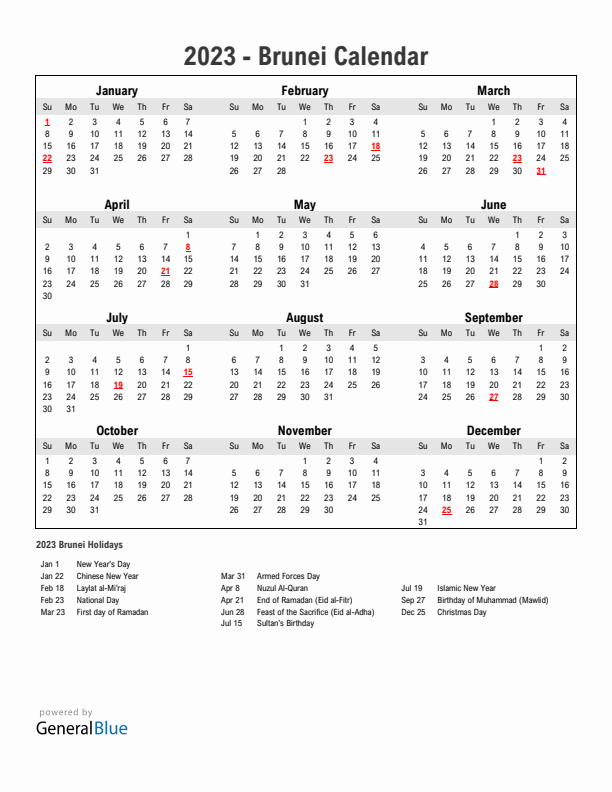 Year 2023 Simple Calendar With Holidays in Brunei