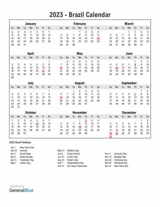 Year 2023 Simple Calendar With Holidays in Brazil