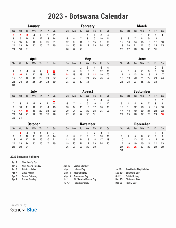 Year 2023 Simple Calendar With Holidays in Botswana