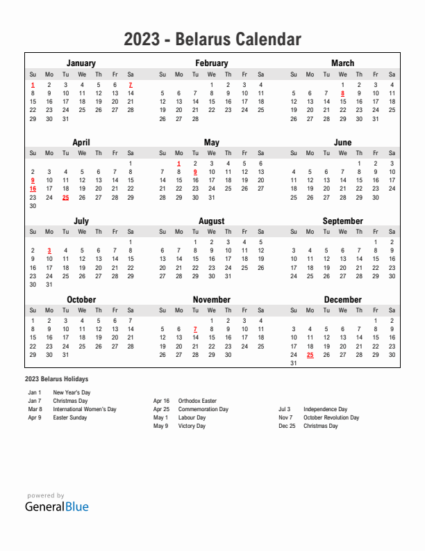 Year 2023 Simple Calendar With Holidays in Belarus