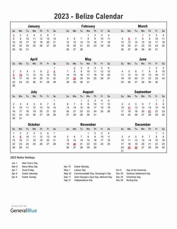 Year 2023 Simple Calendar With Holidays in Belize