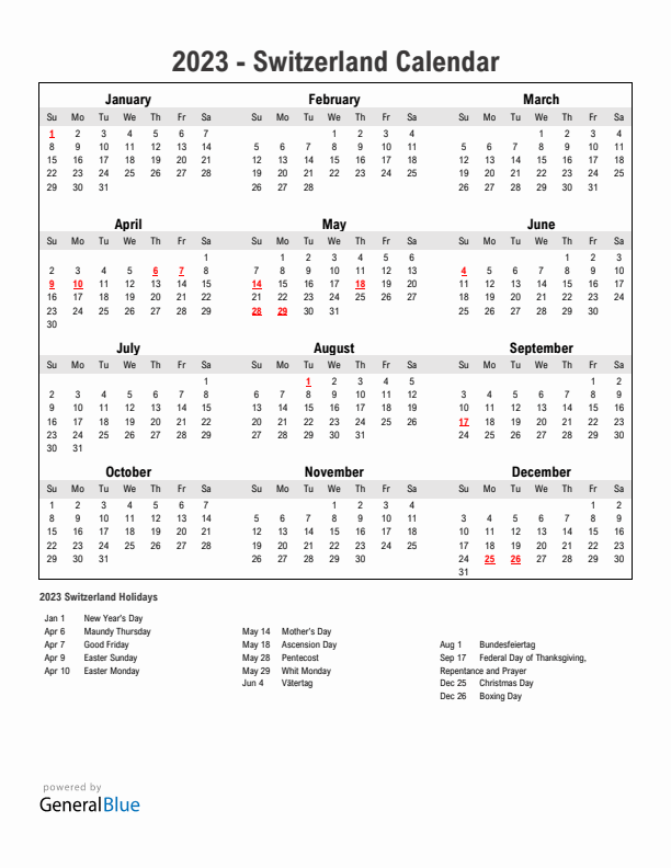 Year 2023 Simple Calendar With Holidays in Switzerland