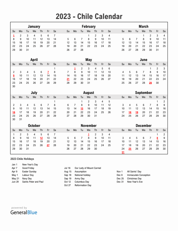 Year 2023 Simple Calendar With Holidays in Chile