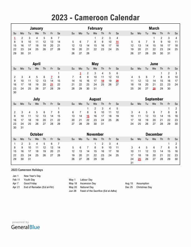 Year 2023 Simple Calendar With Holidays in Cameroon