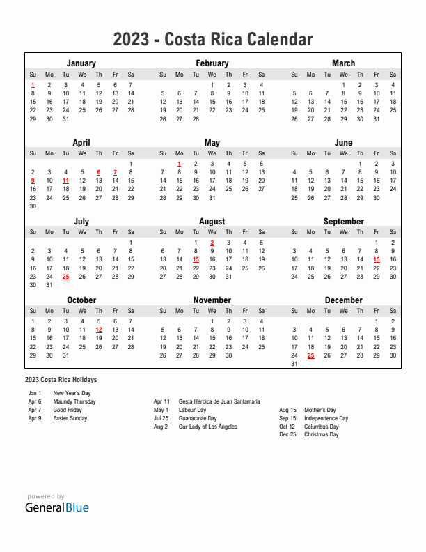 Year 2023 Simple Calendar With Holidays in Costa Rica