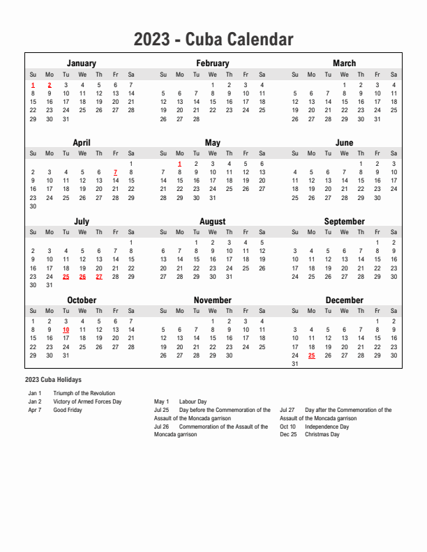 Year 2023 Simple Calendar With Holidays in Cuba
