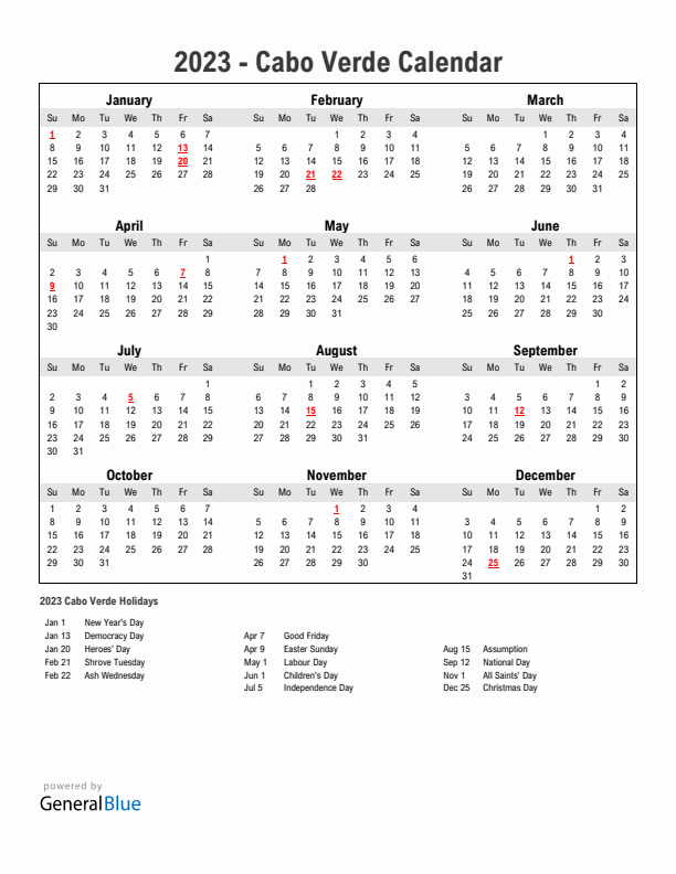 Year 2023 Simple Calendar With Holidays in Cabo Verde