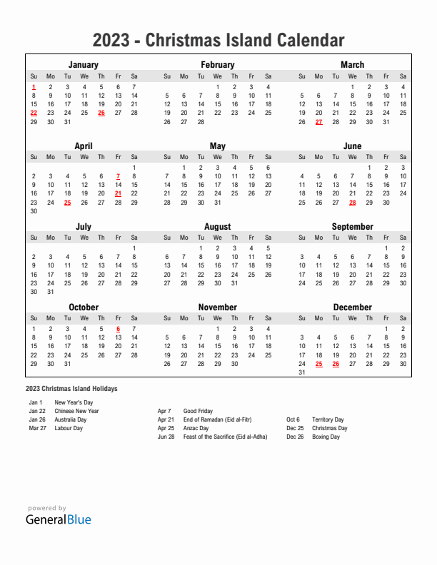 Year 2023 Simple Calendar With Holidays in Christmas Island