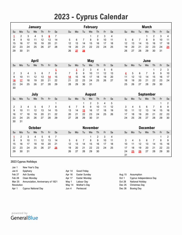 Year 2023 Simple Calendar With Holidays in Cyprus