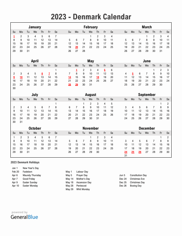 Year 2023 Simple Calendar With Holidays in Denmark