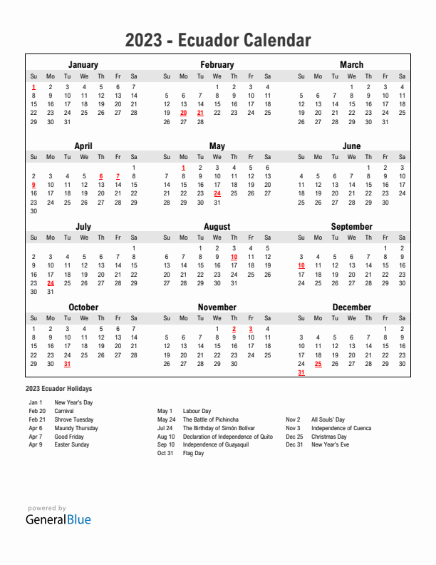 Year 2023 Simple Calendar With Holidays in Ecuador