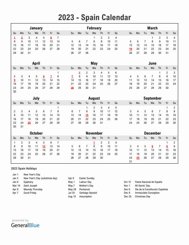 Year 2023 Simple Calendar With Holidays in Spain