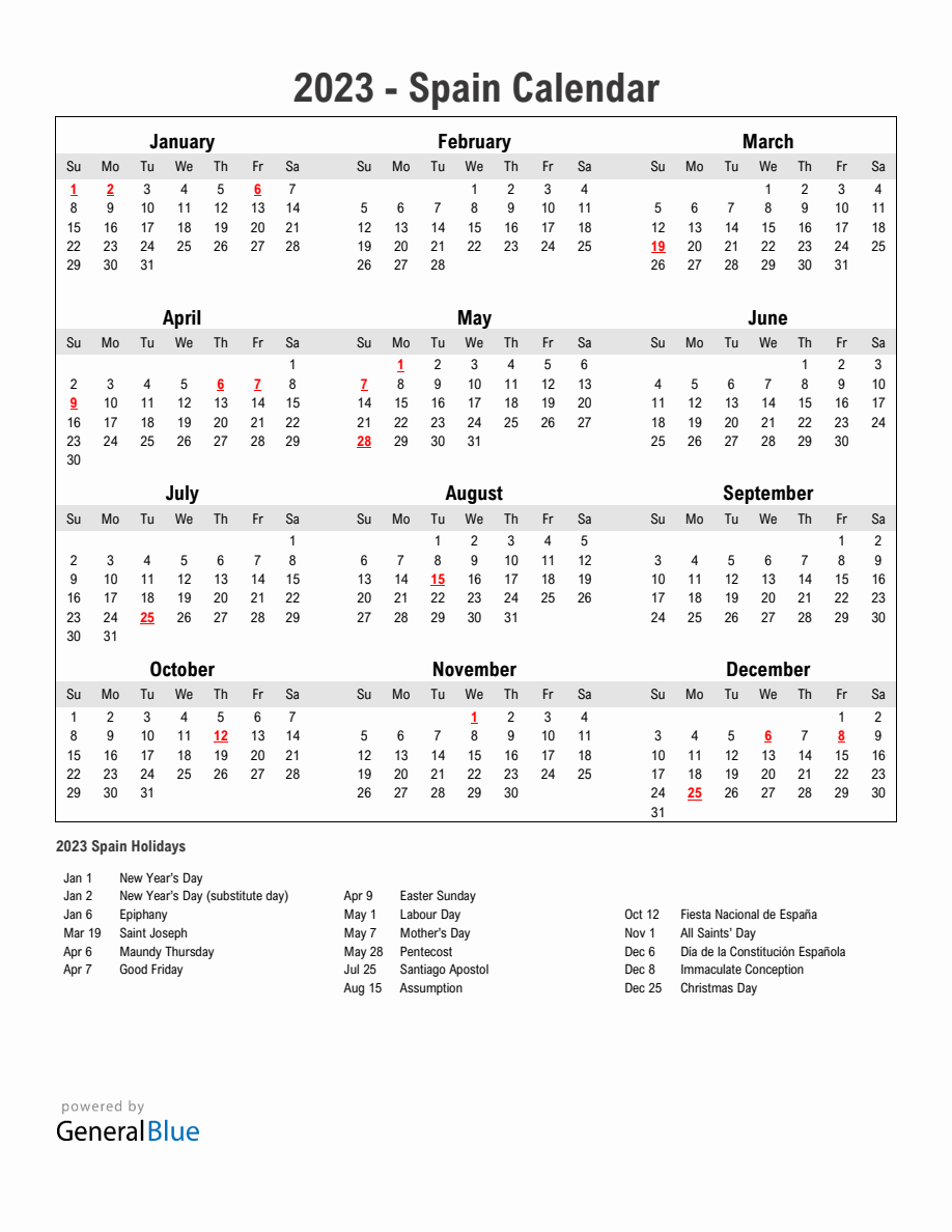 Year 2023 Simple Calendar With Holidays in Spain