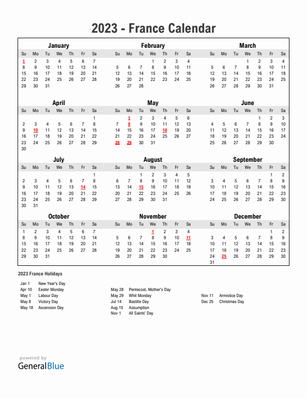 Year 2023 Simple Calendar With Holidays in France