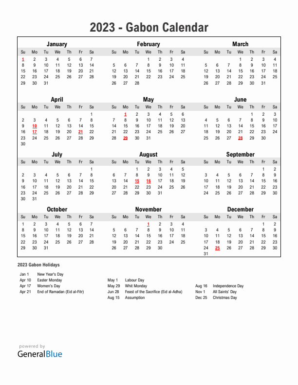 Year 2023 Simple Calendar With Holidays in Gabon