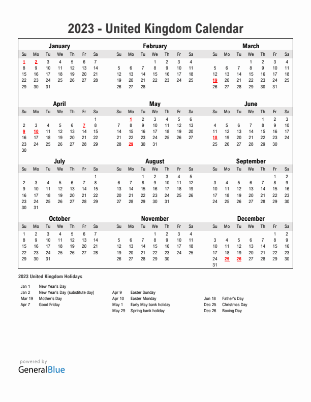 Year 2023 Simple Calendar With Holidays in United Kingdom
