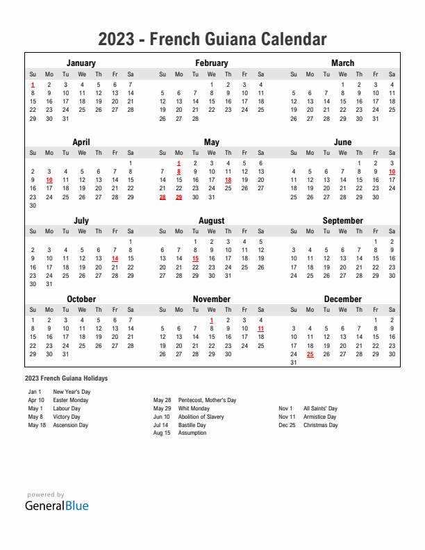 Year 2023 Simple Calendar With Holidays in French Guiana