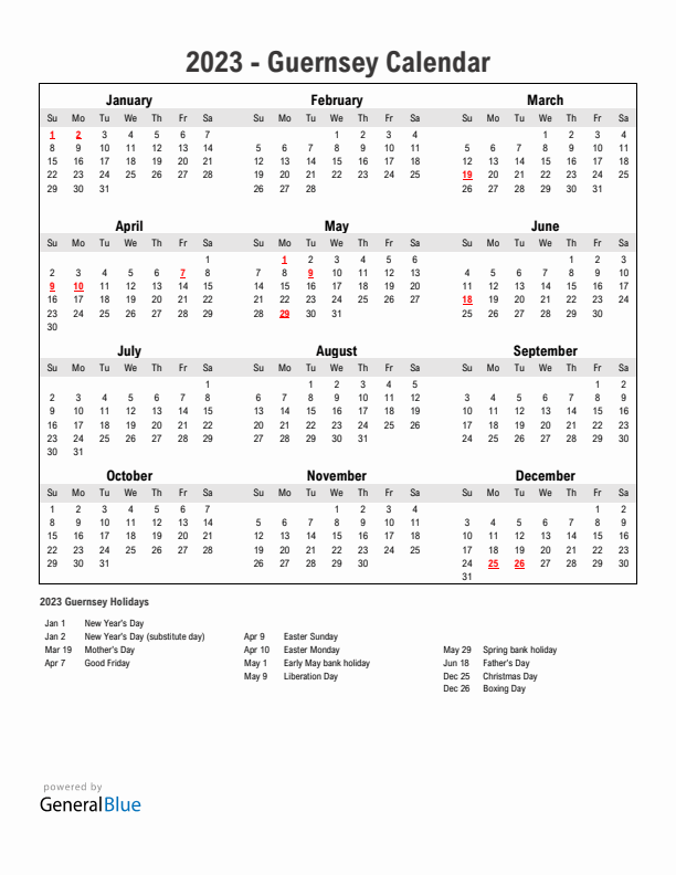 Year 2023 Simple Calendar With Holidays in Guernsey