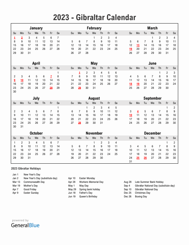 Year 2023 Simple Calendar With Holidays in Gibraltar