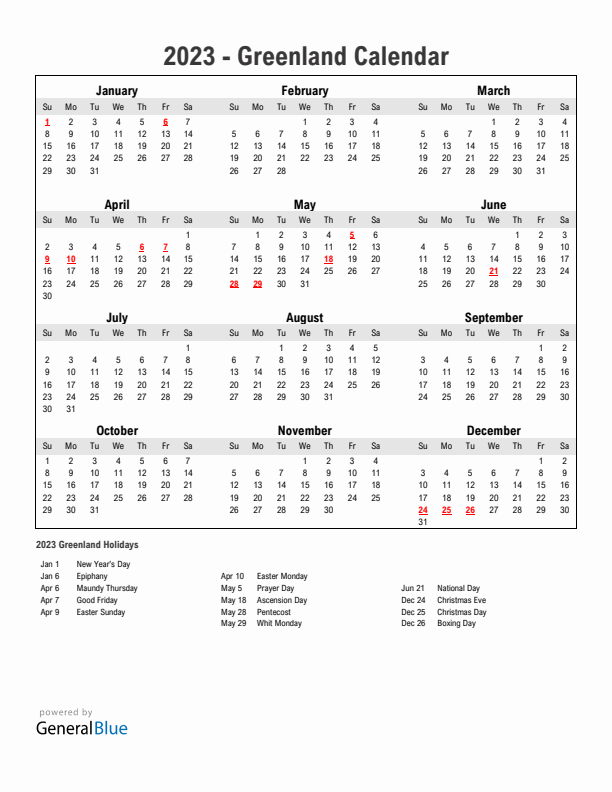 Year 2023 Simple Calendar With Holidays in Greenland