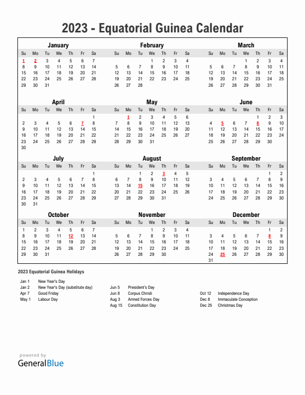 Year 2023 Simple Calendar With Holidays in Equatorial Guinea