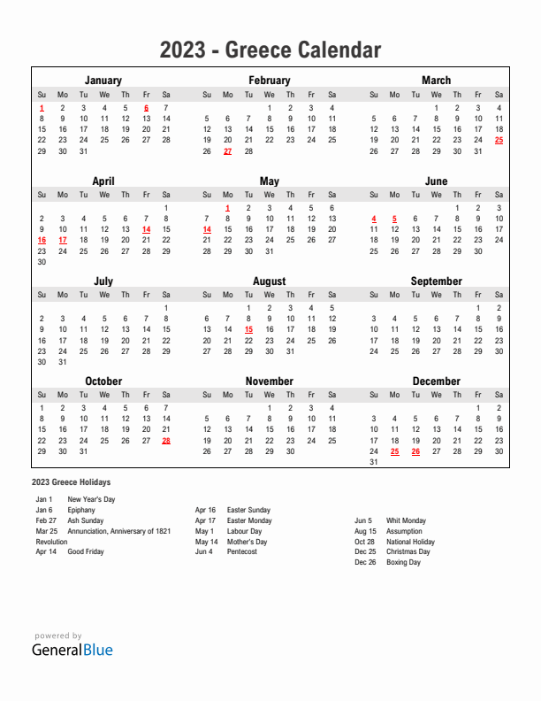 Year 2023 Simple Calendar With Holidays in Greece