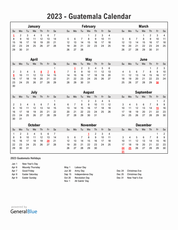 Year 2023 Simple Calendar With Holidays in Guatemala