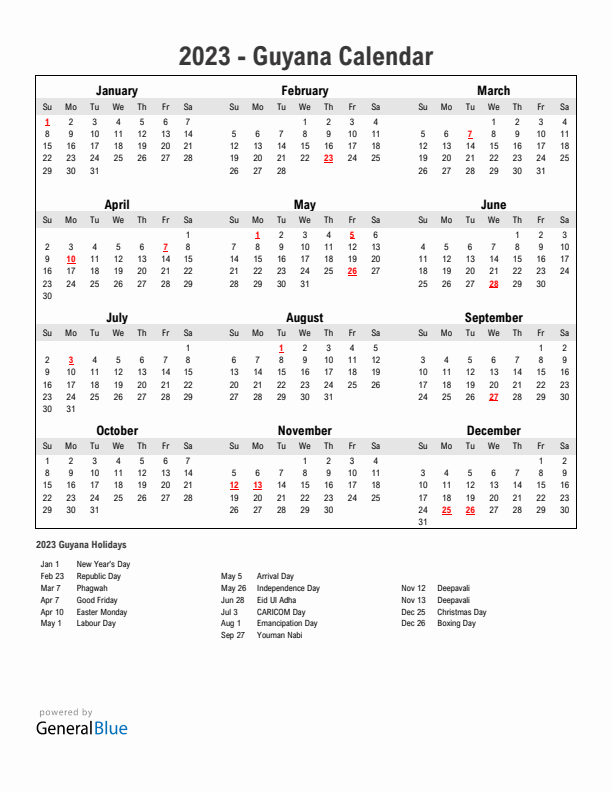 Year 2023 Simple Calendar With Holidays in Guyana