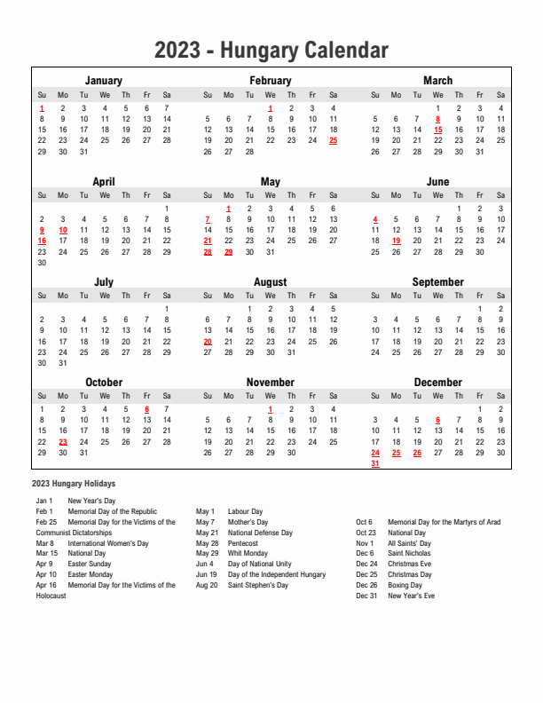 Year 2023 Simple Calendar With Holidays in Hungary