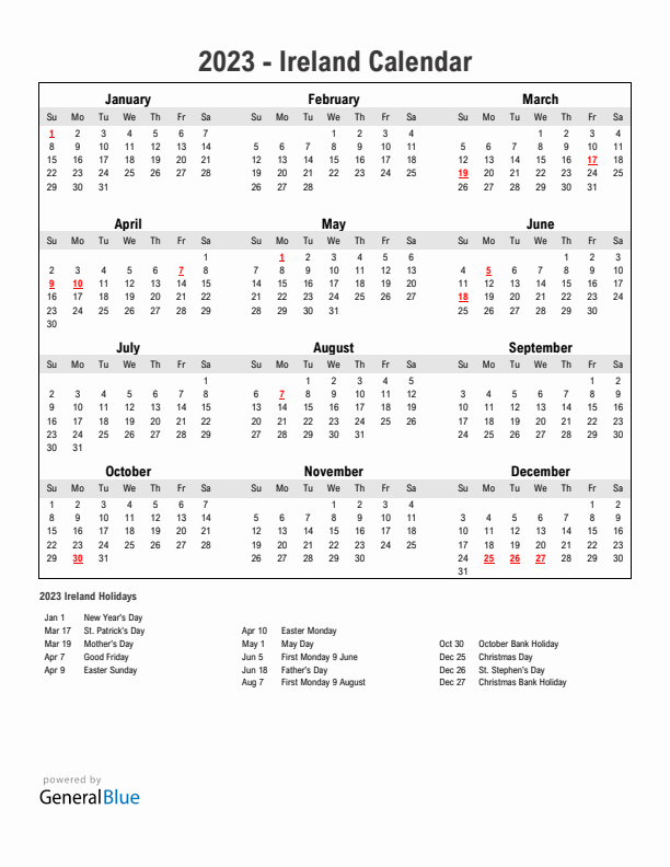 Year 2023 Simple Calendar With Holidays in Ireland