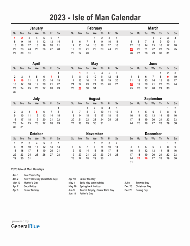 Year 2023 Simple Calendar With Holidays in Isle of Man
