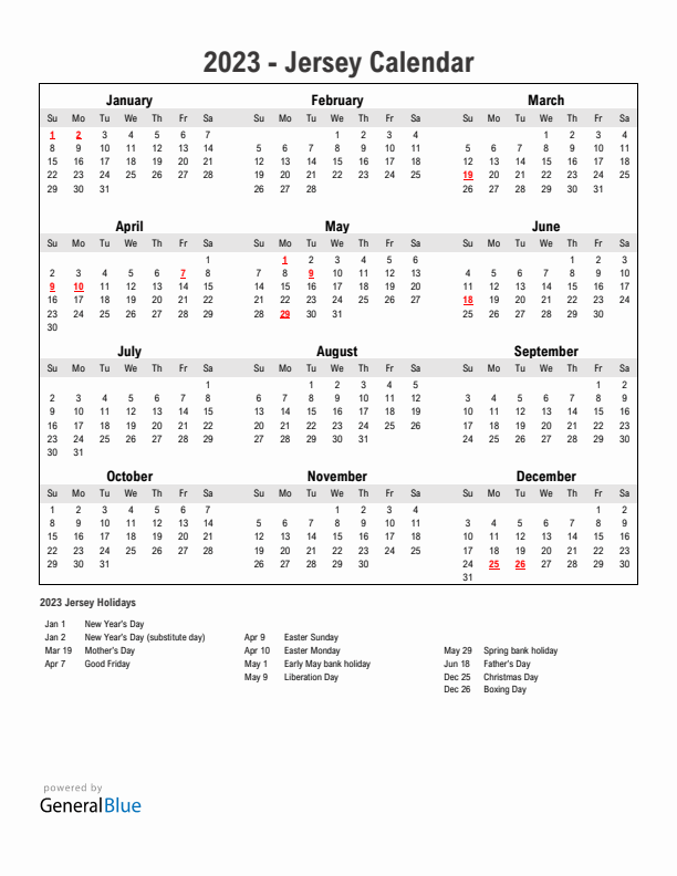 Year 2023 Simple Calendar With Holidays in Jersey