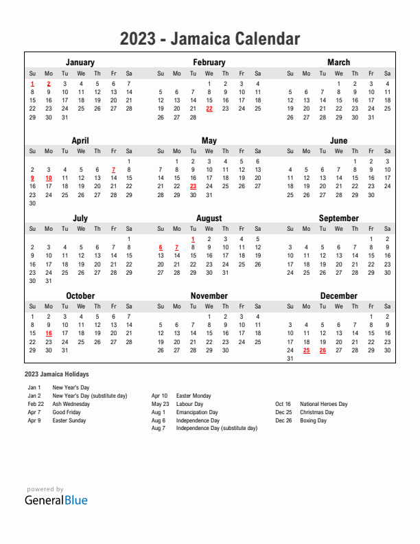 2023 Jamaica Calendar with Holidays
