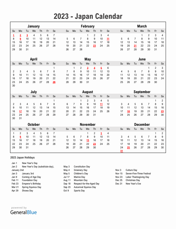 Year 2023 Simple Calendar With Holidays in Japan
