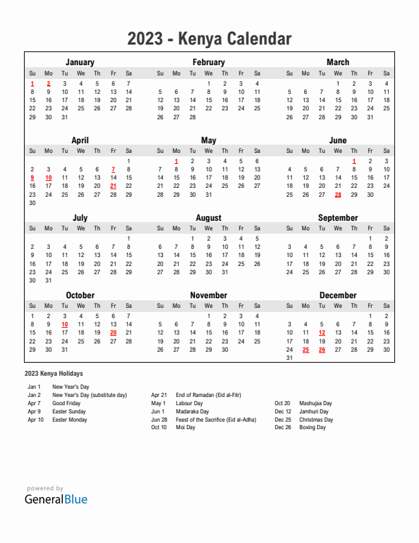 Year 2023 Simple Calendar With Holidays in Kenya