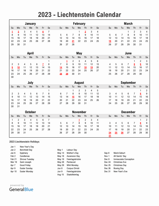 Year 2023 Simple Calendar With Holidays in Liechtenstein