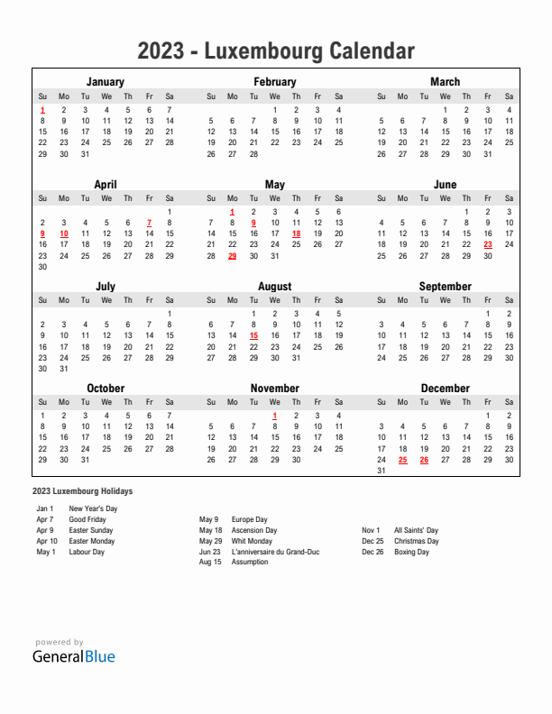 Year 2023 Simple Calendar With Holidays in Luxembourg