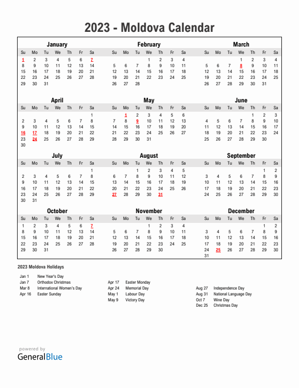 Year 2023 Simple Calendar With Holidays in Moldova