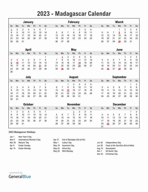 Year 2023 Simple Calendar With Holidays in Madagascar