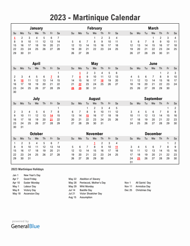 Year 2023 Simple Calendar With Holidays in Martinique
