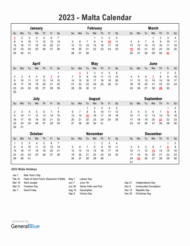 Year 2023 Simple Calendar With Holidays in Malta