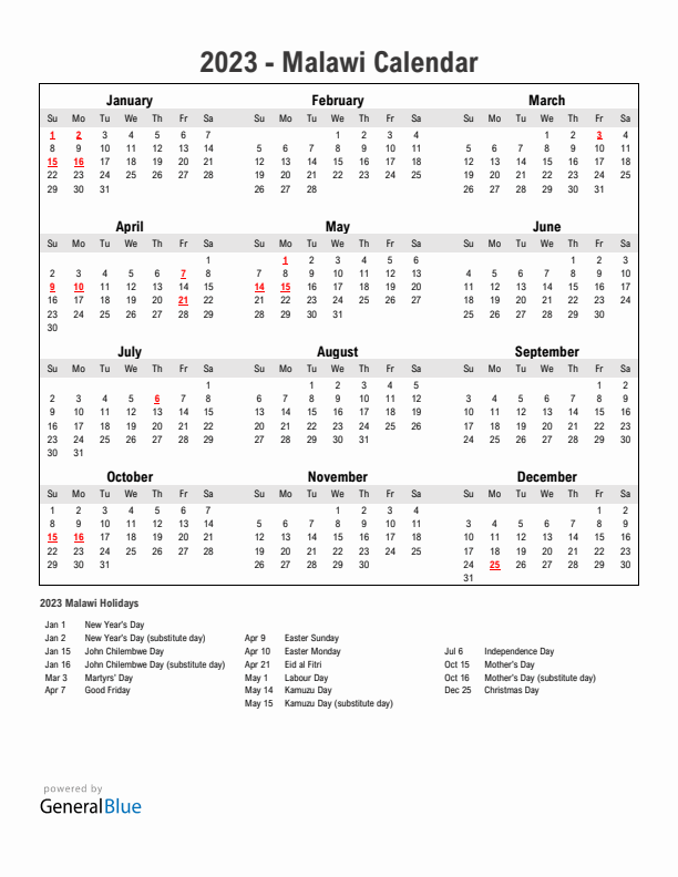 Year 2023 Simple Calendar With Holidays in Malawi