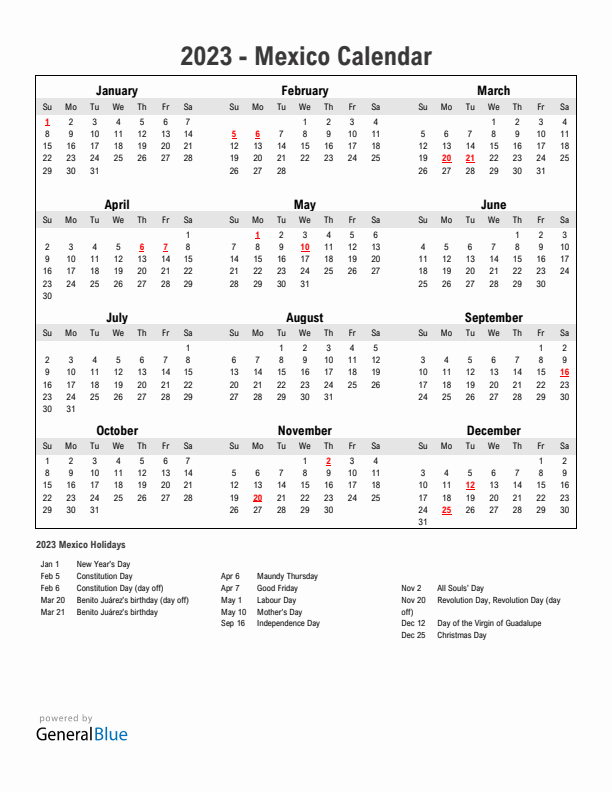 Year 2023 Simple Calendar With Holidays in Mexico
