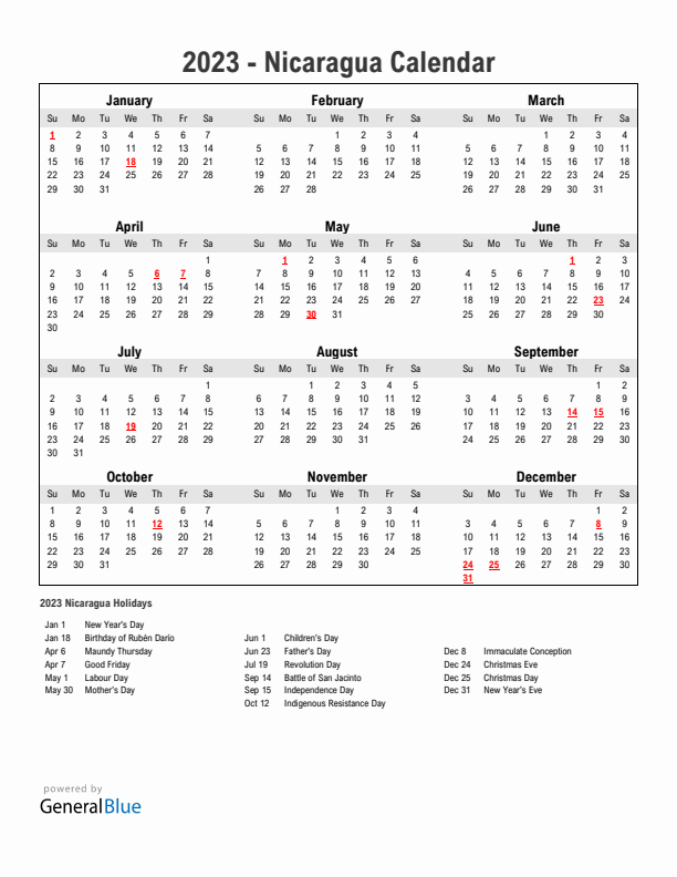 Year 2023 Simple Calendar With Holidays in Nicaragua