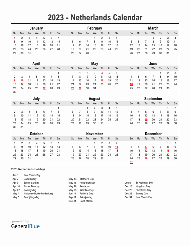 Year 2023 Simple Calendar With Holidays in The Netherlands