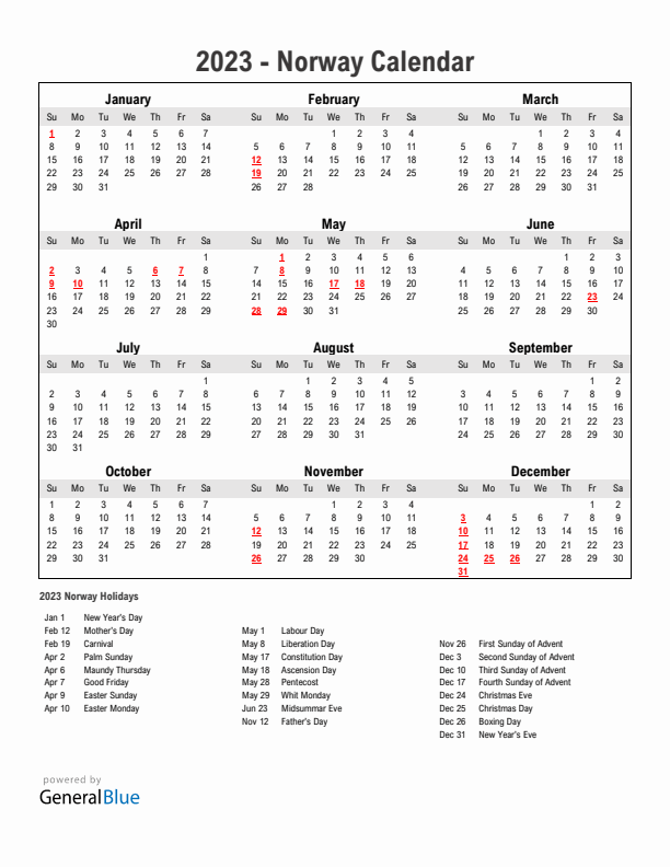 Year 2023 Simple Calendar With Holidays in Norway