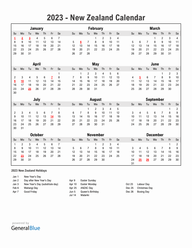 Year 2023 Simple Calendar With Holidays in New Zealand