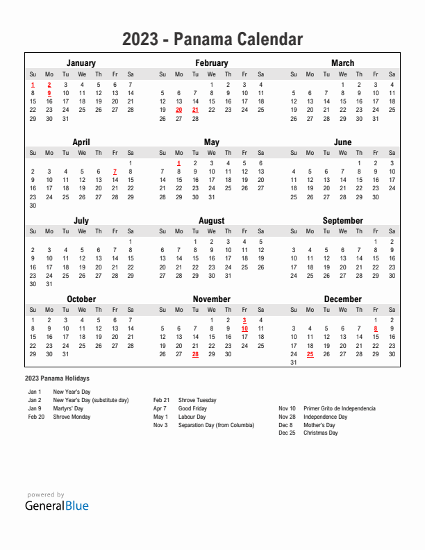 Year 2023 Simple Calendar With Holidays in Panama