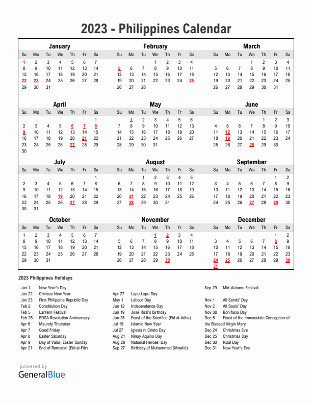 Year 2023 Simple Calendar With Holidays in Philippines